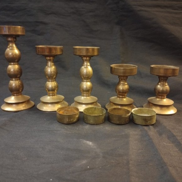 ANTIQUE Set of Mid Century Brass Candlesticks + Holders - Picture 5 of 6